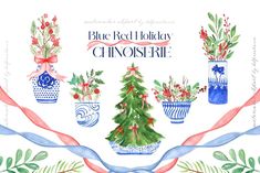 a watercolor christmas card with potted plants and ribbon around the edges that says blue red holiday chonosere