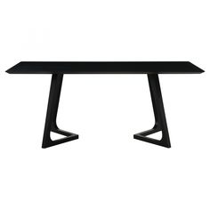 a black table with two triangular legs and a rectangular top, against a white background