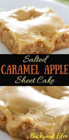 sliced caramel apple sheet cake on a white plate