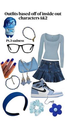 an image of some clothes and accessories with text that reads outfits based off inside out characters 1