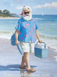 a painting of an old man on the beach holding a cooler and wearing sunglasses while standing next to the ocean