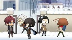 several anime characters standing in front of a snowy area with snow on the ground and buildings behind them