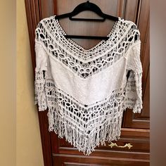 Beautiful Crochet Blouse, Nwt, Runs Small Festival Lace Tops With Short Sleeves, White Crochet Lace Crew Neck Top, Long Sleeve Crochet Trim Top For Festival, Bohemian White Knit Top With Crochet Trim, Bohemian Crew Neck Knit Top, Long Sleeve Tops With Crochet Trim For Festival, White Crochet Bohemian Knit Top, Bohemian Crochet Lace Crew Neck Tops, White Bohemian Crochet Knit Top