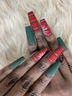 Green , red, nails One Red Hand One Green Hand Nails, Red And Green Nails Simple, Red And Green Christmas Nails Coffin, Green Red Nails, Solid Color Christmas Nails, Red And Green Short Nails, Green And Red Nails, Red And Green Plaid Nails