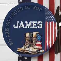 a plate with an american flag and boots on it