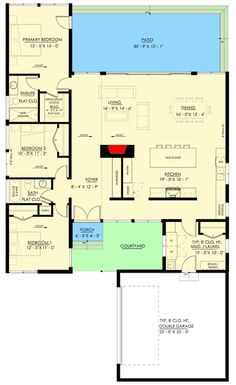 the floor plan for a house with an indoor swimming pool and two separate living areas