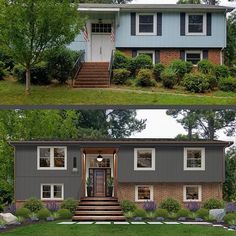 before and after photos of a two story house