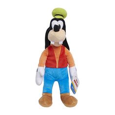 goofy the dog plush toy with an orange shirt and blue pants