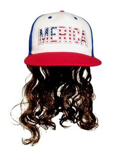 a red, white and blue hat with the word merida on it's side