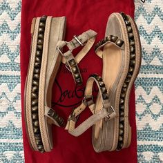 Christian Louboutin Pyraclou Wedge Sandals In Beige Suede. Comes With Dust Bag. Louboutin Shoes, Christian Louboutin Shoes, Wedge Sandals, Christian Louboutin, Dust Bag, Wedges, Women Shoes, Sandals, Women Shopping