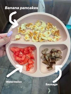 a person holding a plate with different food items in it and labeled on the side