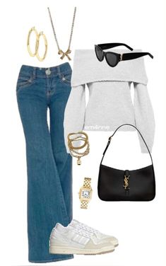 a white sweater and jeans outfit with gold accessories