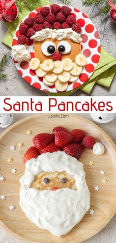 santa pancakes with whipped cream and strawberries on the side, topped with fruit