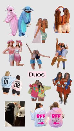 several different pictures of women in bathing suits and one is wearing an animal costume with the word duos written on it