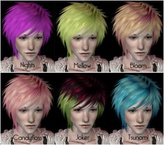 four different colored hair styles with the same color as their names in each one's head