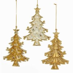 three gold christmas trees hanging from chains