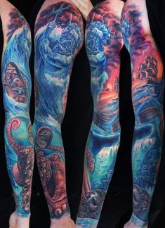 two men's legs with colorful tattoos on their arms and leggings, both covered in artwork