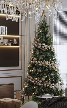 a living room with a christmas tree and chandelier hanging from it's ceiling