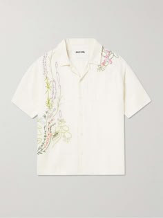 STORY MFG. Greetings Camp-Collar Embroidered Cotton and Linen-Blend Shirt for Men Designer Shirt Pattern For Men, Embroidered Shirts Men, Embroidered Mens Shirt, Minimalist Shirt Design, Embroidered Shirt Men, Filipino Shirts, Linen Menswear, Embroidery Shirt Men, Mens Woven Shirts