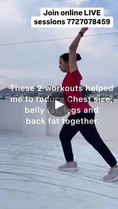 a woman in red shirt and black pants doing exercises