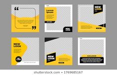 a set of brochure covers with yellow and black shapes on the grey background