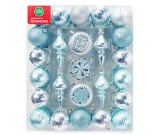 christmas ornament set with blue and silver ornaments