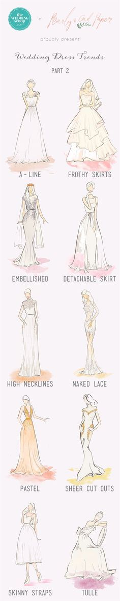 the different types of wedding gowns are shown in this drawing style diagram, which shows how