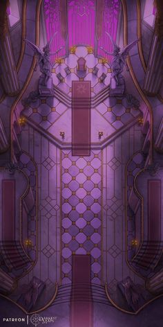 the interior of a purple and gold building