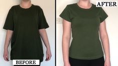 before and after photos of a woman's green t - shirt