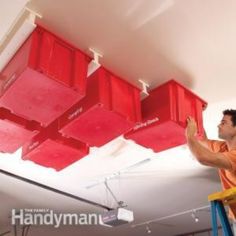 Storage: Fantastic storage idea for the garage (or other areas capable of overhead storage). This fantastic step by step guide explains creating sliding storage with tracks and plastic tubs! Garage Clutter, Garage Storage Systems, Viria, Diy Garage