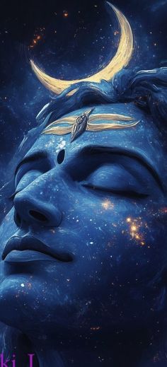 an image of the face of a person with a crescent on their forehead and stars in the background