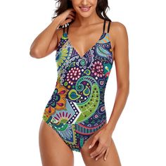 Stylish design, chic one piece bikini swimsuit set. The adjustable shoulder to offer you great support. Built in soft padded bra, no underwire.One piece high waisted bathing suit perfect for summer, beach, swimming, party, vacation, poolside and resort wear. Description: Color: Paisley Material: 86% polyester, 14% spandex Pattern type: Print Support type: Wire free Neckline: V Neck Style: Beach style Waist: Mid waist Gender: Women Type: Adjustable spaghetti straps Size: S, M, L, XL, 2XL Decorati High Waisted Bathing Suits, Push Up Swimsuit, Vintage Swimsuits, Print Swimwear, One Piece Swimsuits, Swimwear Online, Swimsuit Set, Plus Size Swimsuits, Print Swimsuit