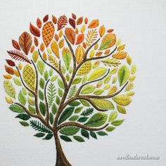 a tree with leaves painted on it's trunk is shown in the middle of a cross stitch pattern