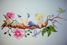 a painting of a fairy sitting on a branch with flowers