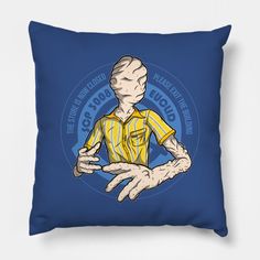 a blue pillow with an image of a person holding their hands out to the side