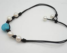 Big Pearl and Turquoise stone Leather Necklace,Select Leather Color,Black Leather Pearl necklace,Le5-012 Elegant White Leather Jewelry, Elegant Adjustable Leather Necklaces, Large Pearl Necklace, Pearl Necklace Freshwater, Leather Pearl Necklace, Pearl Drop Necklace, Big Pearl, Baroque Pearl Necklace, Pearl Leather