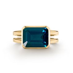 A gorgeous emerald-cut Atlantic Blue Topaz (also known as London Blue Topaz), hand-set horizontally in a 14k-gold bezel, is a statement piece on its own and perfect for stacking with other rings. The split-shank band offers a substantial yet lightweight setting. Quite flattering on wider fingers. Classic styling makes Heritage Fashion, Large Ring, Personalized Rings, 14k Gold Ring, London Blue Topaz, Blue Topaz Ring, London Blue, Topaz Ring, Amethyst Ring