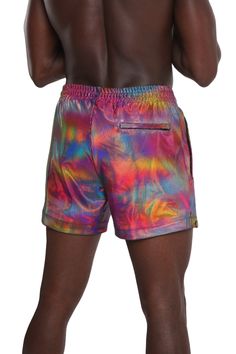 Mens rainbow holographic festival shorts with a liner? Hell yeah! These amazing mens drawstring shorts will keep everything secure while you get down on the dance floor! They also have plenty of zipper pockets to stash your festival essentials and are available without the lining if you prefer. FEATURES: Three zipper pockets: Two on the sides and one at the back Exterior made with our mind bending rainbow holographic four-way stretch Techno Color spandex Contrast rainbow reflective side panel th Sporty Multicolor Nylon Shorts, Rave Style Festival Shorts, Summer Festival Shorts With Built-in Lining, Summer Rave Shorts, Multicolor Short Rave Bottoms, Fitted Rave Bottoms With Built-in Shorts, Multicolor Stretch Rave Shorts, Rave Bottoms With Built-in Shorts, Mens Mesh Shorts