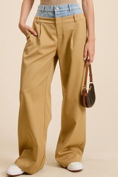 Transform your wardrobe with our Taupe Billie Trousers - the perfect combination of casual and dressy. These unique trousers feature a playful Peek-a-boo denim wash waistband and functioning front pockets. Style with a sleek top for a trendy and practical fashion statement. Each piece is one-of-a-kind due to the Denim Wash Waistband. PRE-ORDER 07/12/24 Fabric & fit:SELF: 69% POLYESTER 29% RAYON 2% SPANDEXCONTRAST: 100% COTTON Model is wearing size small. Chic Spring Jeans With Welt Pockets, Trendy Fall Bottoms With Patch Pockets, Everyday Bottoms With Welt Pockets For Fall, Fall Bottoms With Welt Pockets For Everyday, Chic Tailored Bottoms With Pockets, Spring Wide-leg Jeans For Workwear, Chic Beige Pants With Patch Pockets, Elegant Workwear Bottoms With Patch Pockets, Trendy Wide-leg Workwear Jeans