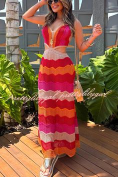 Bohemian Sleeveless Knit Maxi Dress, Red Sleeveless Crochet Dress For Vacation, Chic Pink Crochet Dress For The Beach, Chic Pink Crochet Dress For Beach, Red Knit Summer Dress, Pink Knit Beach Dress, Knit Hollow Out Dress For Vacation, Cutout Maxi Dress, Knit Texture