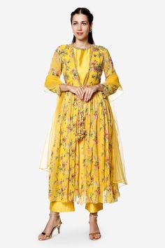 Amber yellow pleated long jacket with multi colored flora prints, highlighted with sequins, cutdana and pearls hand embroidery. Comes with chanderi long kurta, pant and dupatta. - Aza Fashions Floral Print Jacket, Long Kurta, Yellow Jacket, Fashion App, Long Jacket, Print Jacket, Set For Women, Anarkali, Aza Fashion