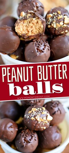 chocolate covered peanut butter balls in a white bowl on a wooden table with text overlay