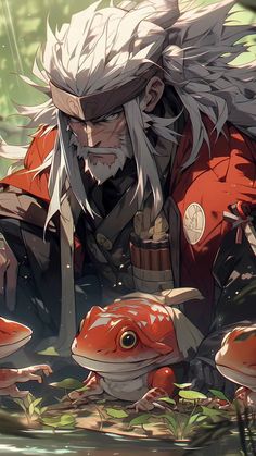 an anime character with long white hair sitting on the ground in front of some mushrooms