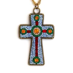 Holy Spirit Inspired Handmade Jeweled Cross Pendant Necklace Swarovski Earring Focal Blue Topaz Red Rhinestone Cross Pendant Jewelry Gift, Gemstone Cross Pendant Jewelry Gift, Beaded Spiritual Cross Pendant Necklace, Crystal Cross Pendant With Rhinestones, Luxury Cross-shaped Gemstone Necklace, Necklace Swarovski, Light Sapphire, Green Crystal, Topaz Stone