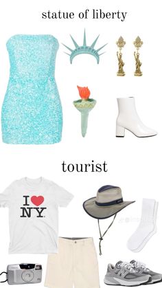 an image of the statue of liberty and tourist's items in this travel guide