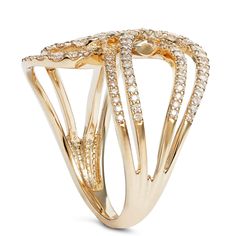 This double bypass diamond ring is exceptionally detailed and formed to create a captivating look reminiscent of two wings touching. The elegant piece sparkles from every angle with pave round diamonds with an impressive .75 total carat weight. It’s airy and refined, a true work of wearable art set in 14k yellow gold. Elegant Yellow Gold Sparkling Diamond Ring, Elegant Pave Setting Bypass Ring For Anniversary, Elegant Diamond White Bypass Ring With Single Cut Diamonds, Elegant Diamond Bypass Ring With Pave Setting, Elegant Diamond Bypass Ring, Luxury Diamond White Bypass Ring With Diamond Accents, Elegant Bypass Ring With Pave Setting For Formal Events, Elegant Bypass Ring With Diamond Accents, Elegant Diamond Bypass Open Ring