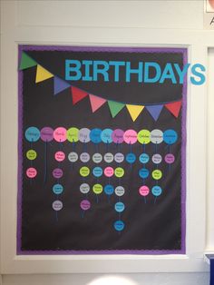 a birthday bulletin board hanging on the wall