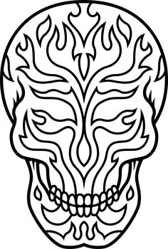 a black and white drawing of a skull with flames on it's face, in the shape of a human head