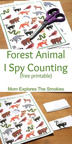 the forest animal i spy counting printable game is shown with scissors and papers on a table