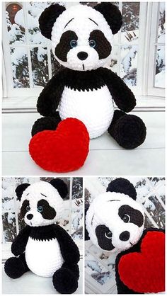 the stuffed panda is holding a heart in its paws and sitting next to a window